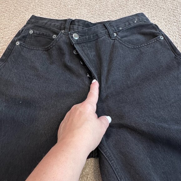 Glassons Jeans Asymmetrical Crossover Waist Straight Black Distressed Goth Sz 10 - Picture 7 of 16